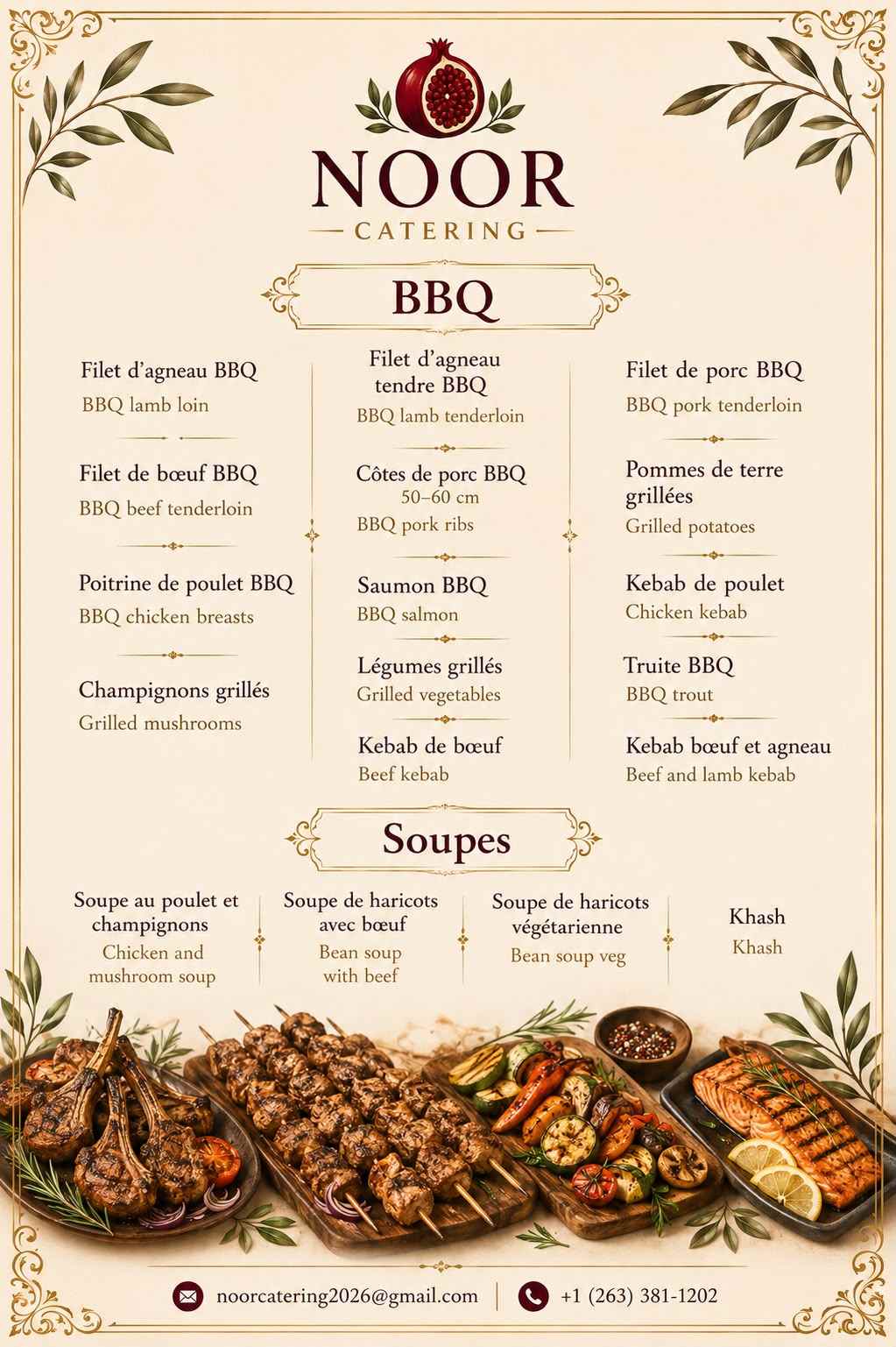 Menu bbq et soupes NOOR Catering — Filet d’agneau BBQ, Filet d’agneau tendre BBQ, Filet de porc BBQ, Filet de bœuf BBQ