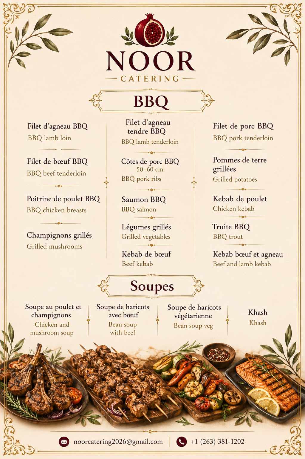 Menu bbq et soupes NOOR Catering — Filet d’agneau BBQ, Filet d’agneau tendre BBQ, Filet de porc BBQ, Filet de bœuf BBQ