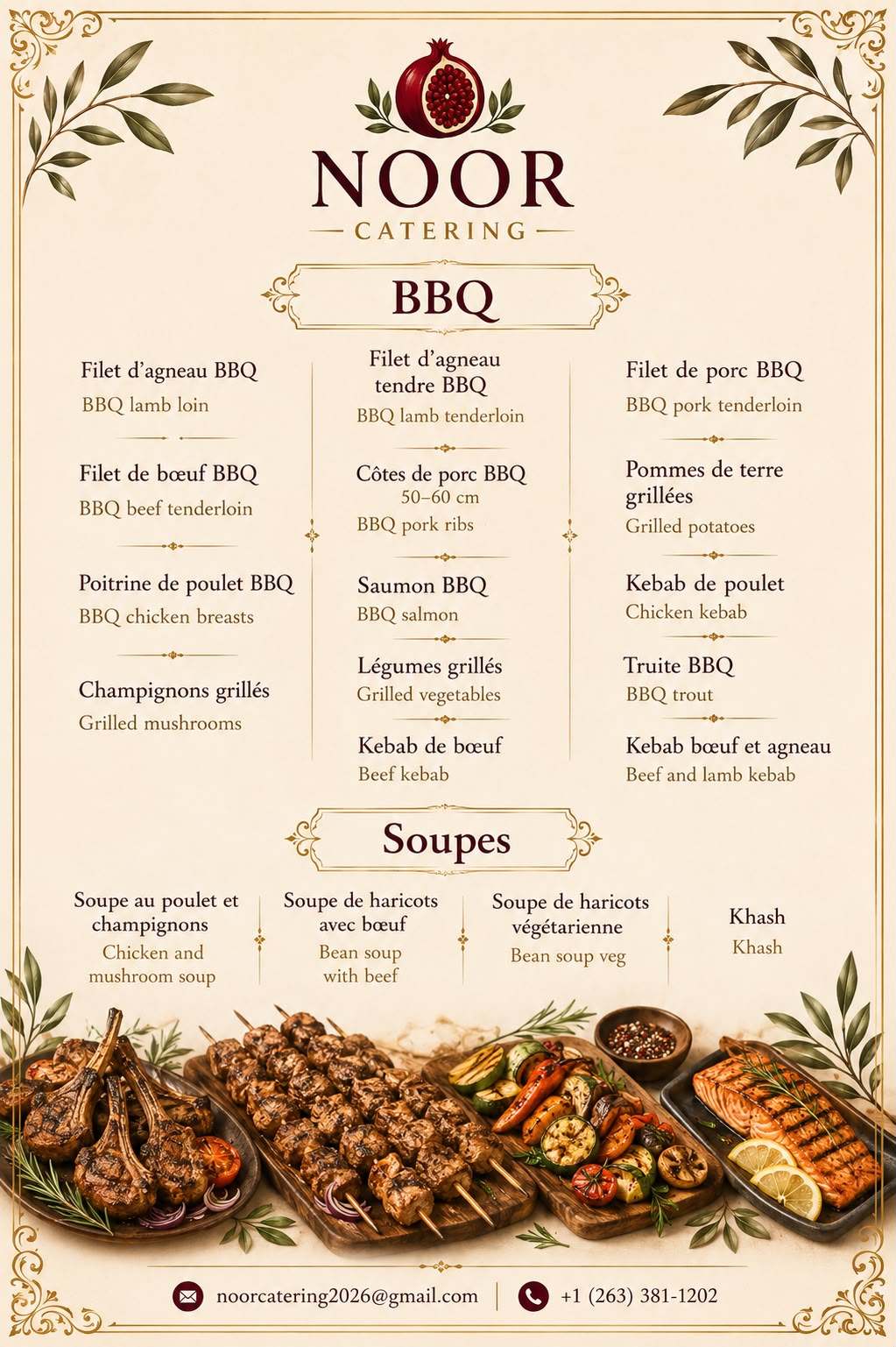 Menu bbq et soupes NOOR Catering — Filet d’agneau BBQ, Filet d’agneau tendre BBQ, Filet de porc BBQ, Filet de bœuf BBQ