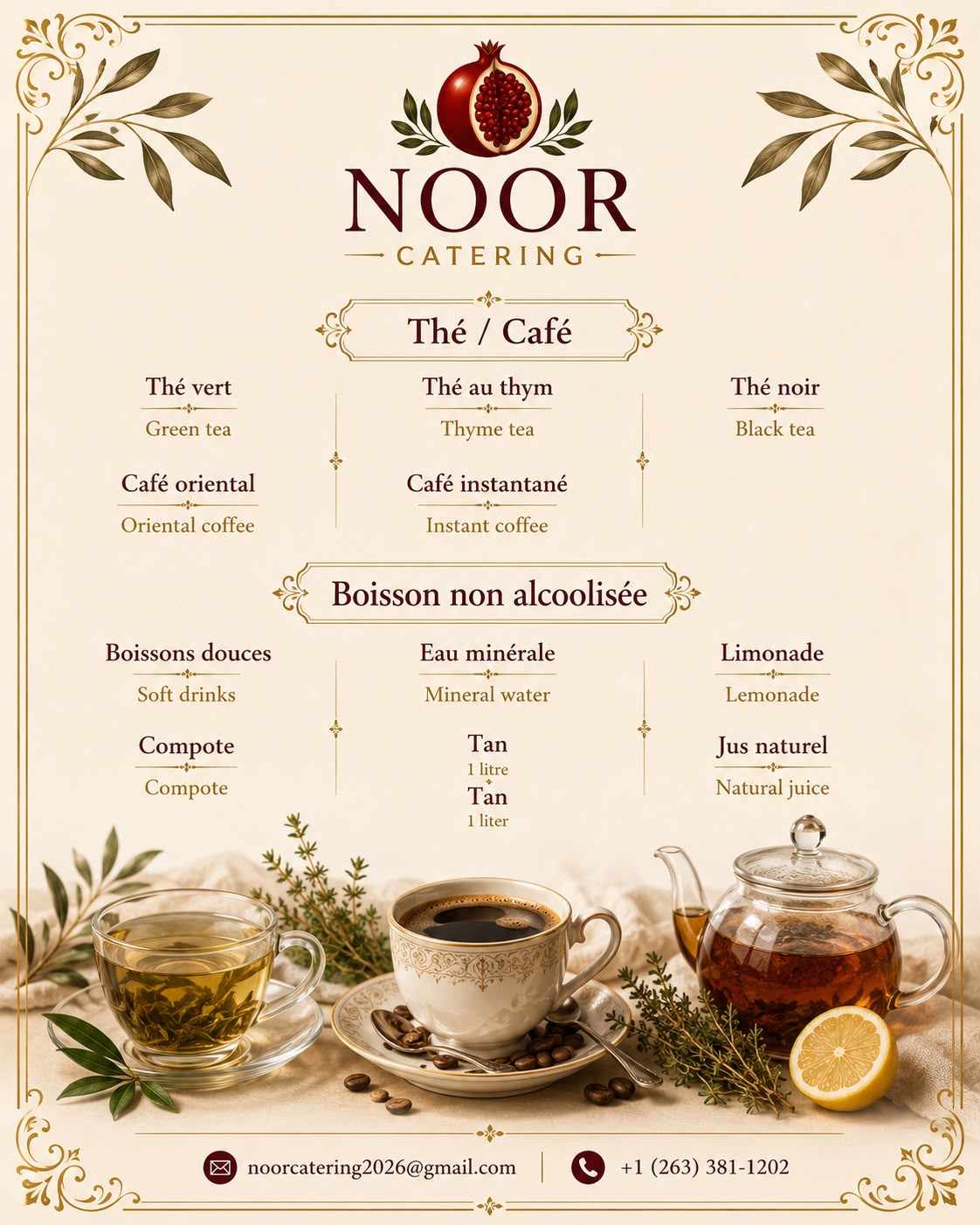 Menu thé, café et boissons NOOR Catering — Thé vert, Thé au thym, Thé noir, Café oriental