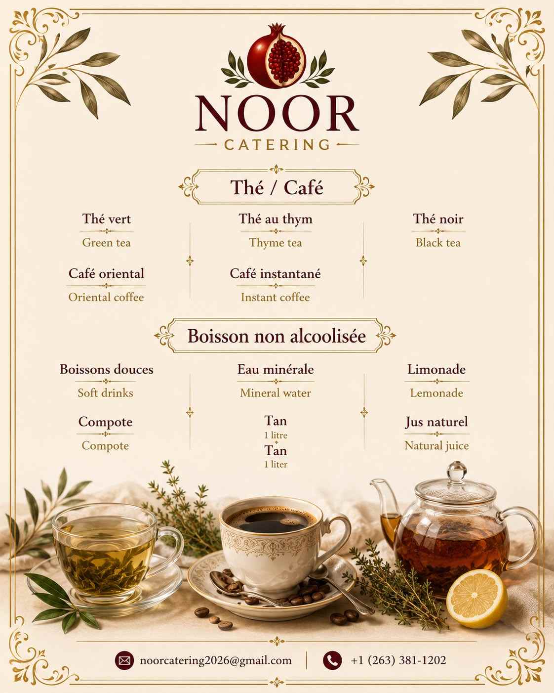 Menu thé, café et boissons NOOR Catering — Thé vert, Thé au thym, Thé noir, Café oriental