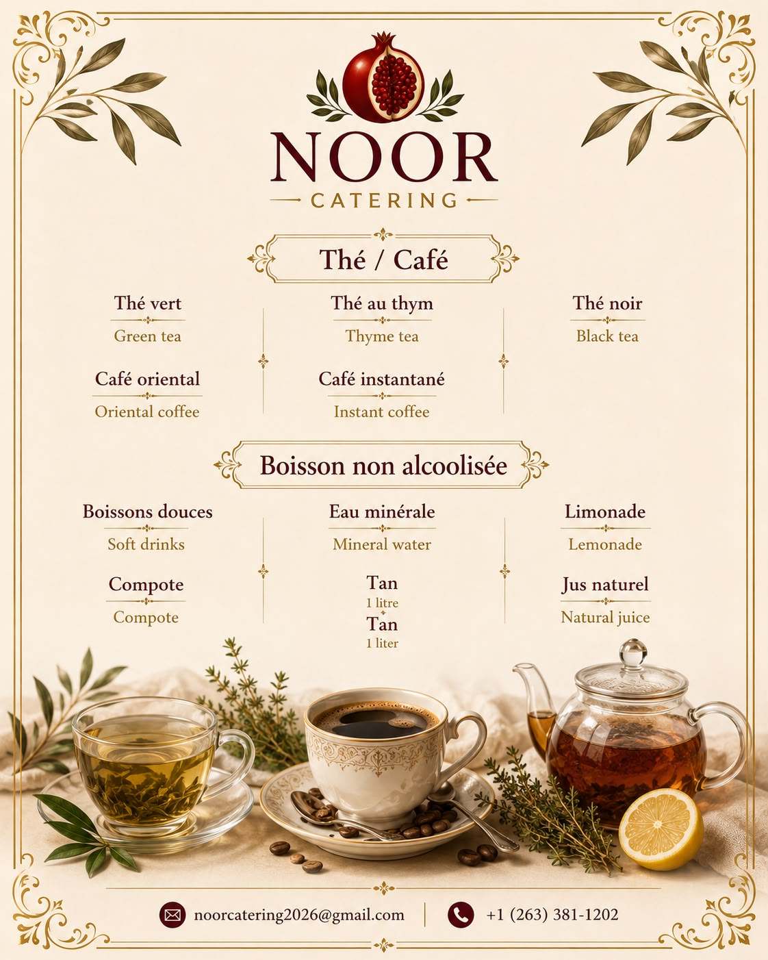 Menu thé, café et boissons NOOR Catering — Thé vert, Thé au thym, Thé noir, Café oriental