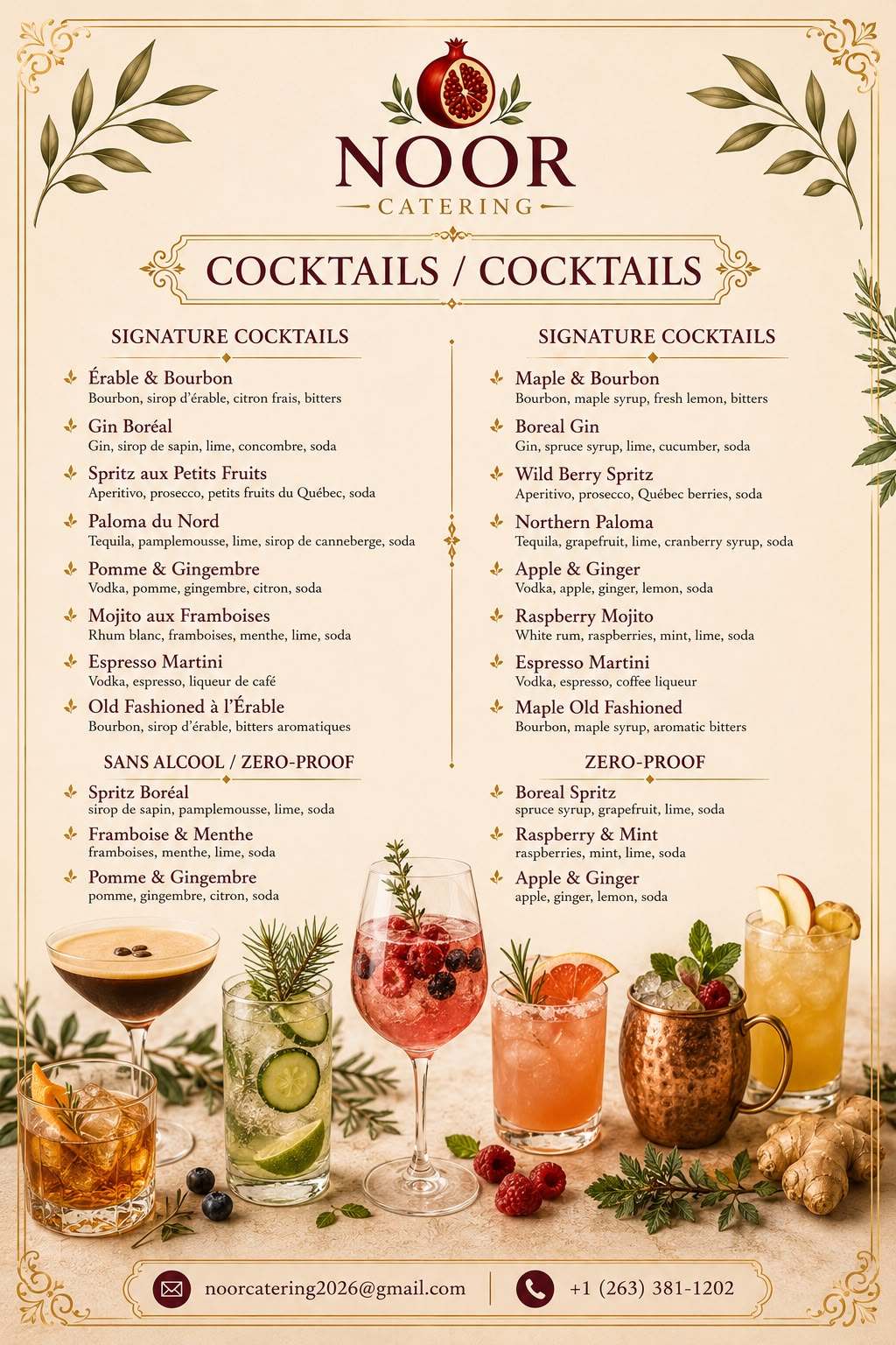Menu cocktails NOOR Catering — Érable & Bourbon, Gin Boréal, Spritz aux petits fruits, Paloma du Nord