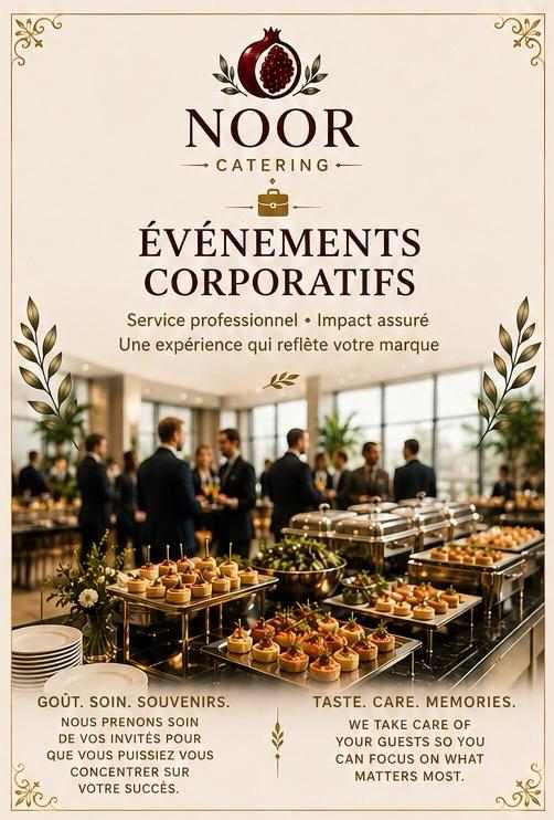 Affiche NOOR Catering — événements corporatifs, buffet de canapés lors d’une réception d’entreprise