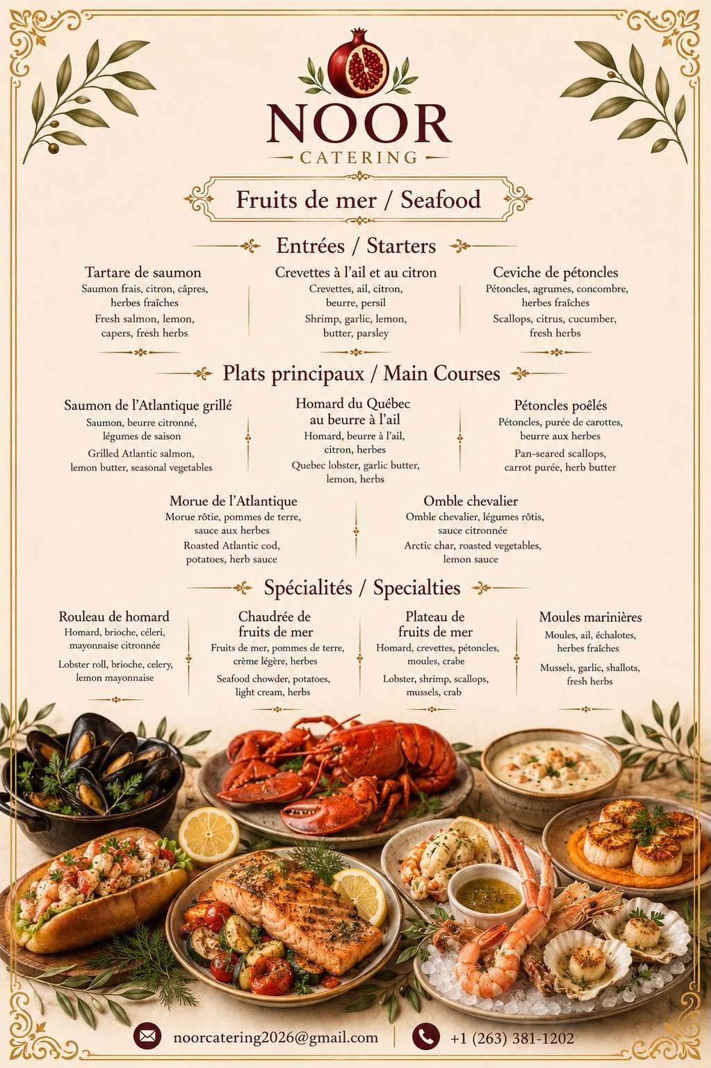 Menu fruits de mer NOOR Catering — Tartare de saumon, Crevettes à l’ail et au citron, Ceviche de pétoncles, Saumon de l’Atlantique grillé