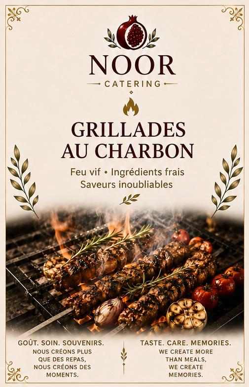 Affiche NOOR Catering — grillades au charbon, brochettes et légumes sur le gril au feu vif