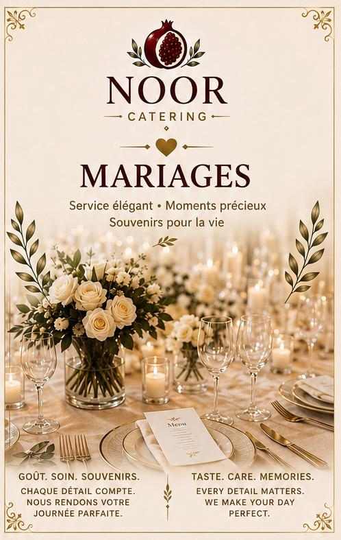 Affiche NOOR Catering — mariages, table dressée avec roses blanches, bougies et couverts dorés