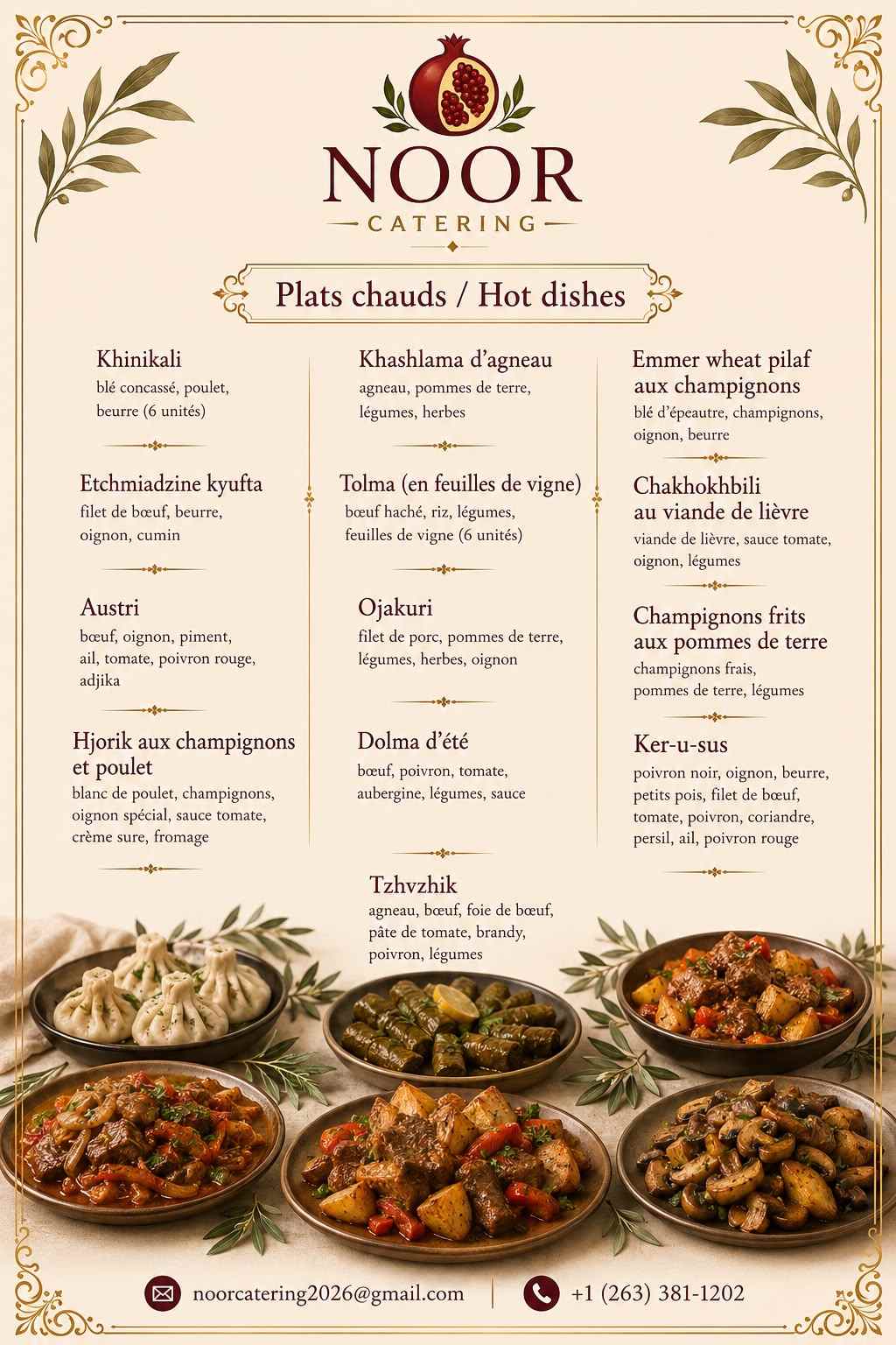 Menu plats chauds NOOR Catering — Khinkali, Etchmiadzin kyufta, Austri, Hjorik aux champignons et poulet