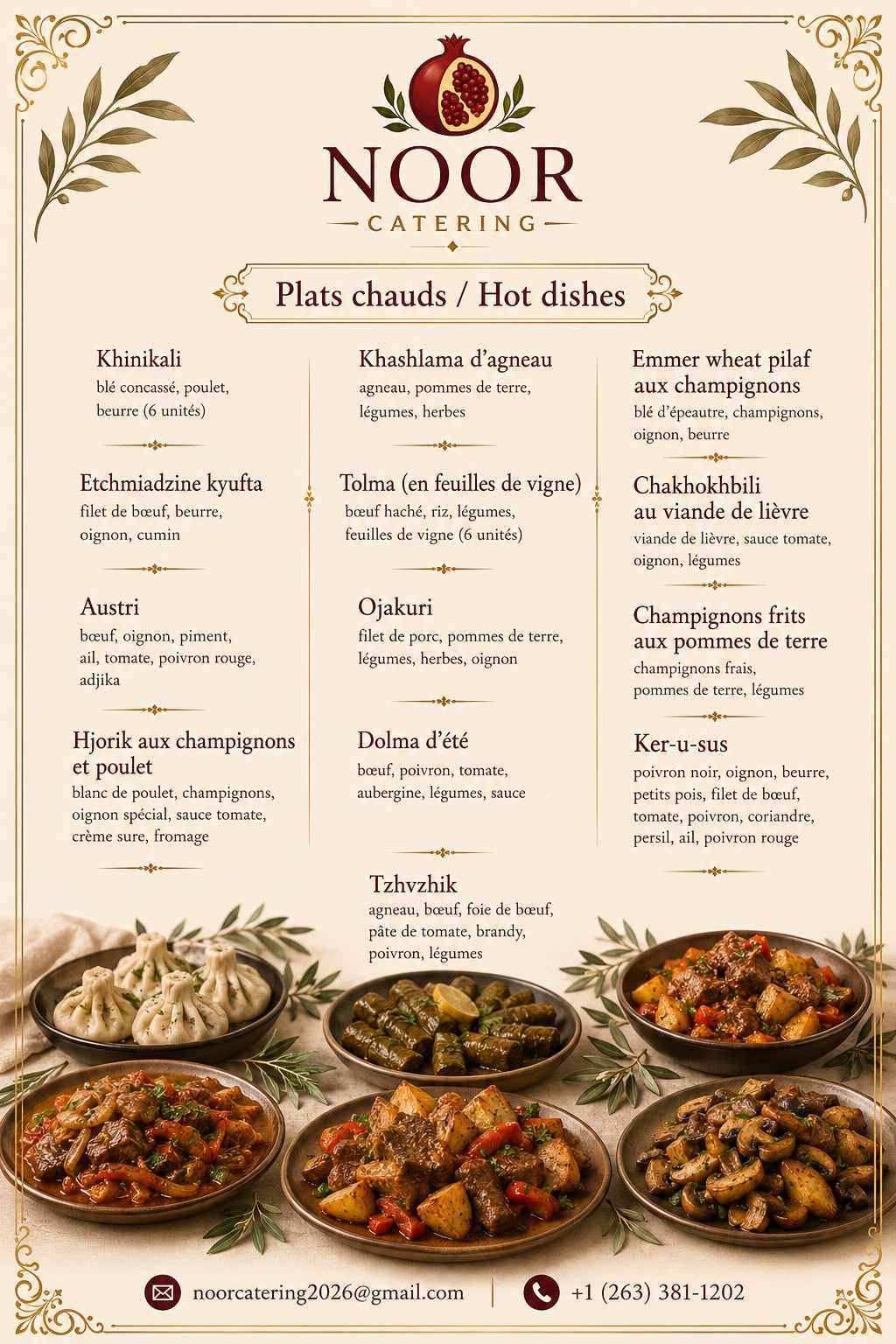 Menu plats chauds NOOR Catering — Khinkali, Etchmiadzin kyufta, Austri, Hjorik aux champignons et poulet