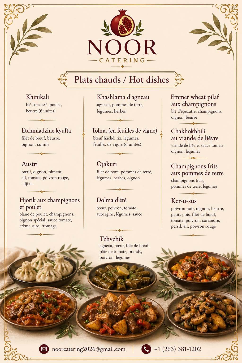 Menu plats chauds NOOR Catering — Khinkali, Etchmiadzin kyufta, Austri, Hjorik aux champignons et poulet