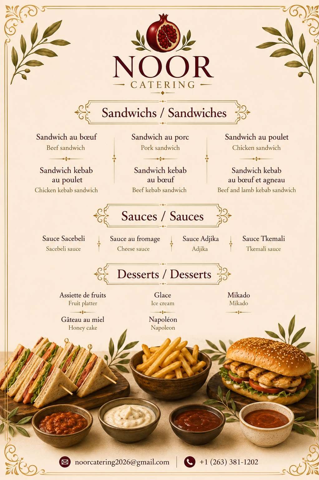 Menu sandwichs, sauces et desserts NOOR Catering — Sandwich au bœuf, Sandwich au porc, Sandwich au poulet, Sandwich kebab au poulet