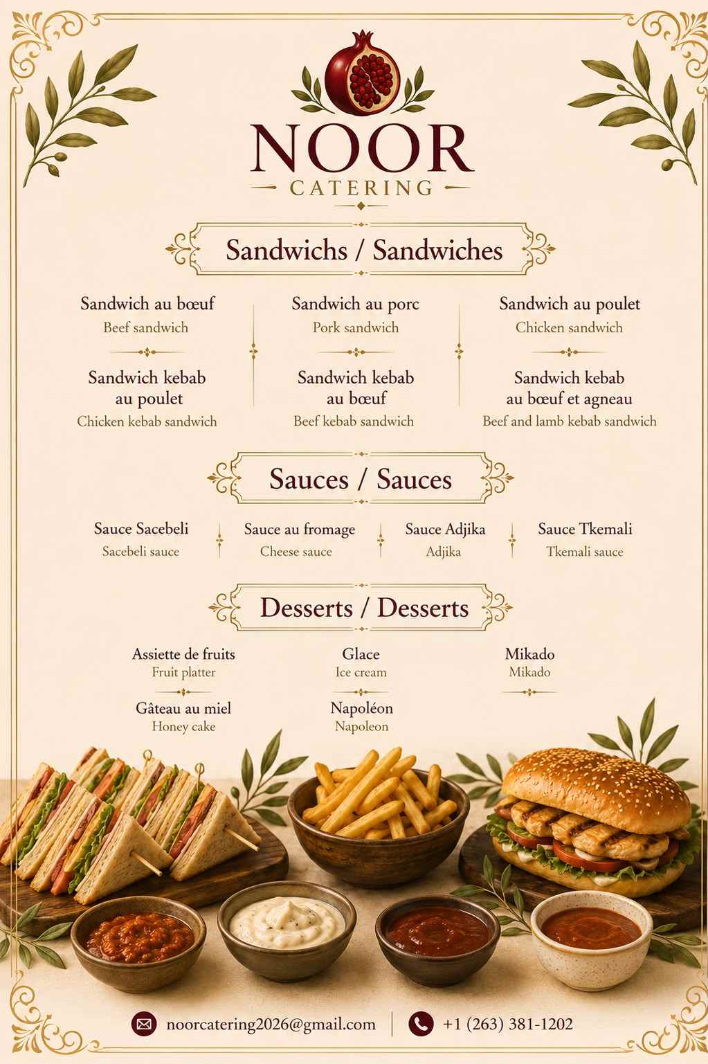 Menu sandwichs, sauces et desserts NOOR Catering — Sandwich au bœuf, Sandwich au porc, Sandwich au poulet, Sandwich kebab au poulet